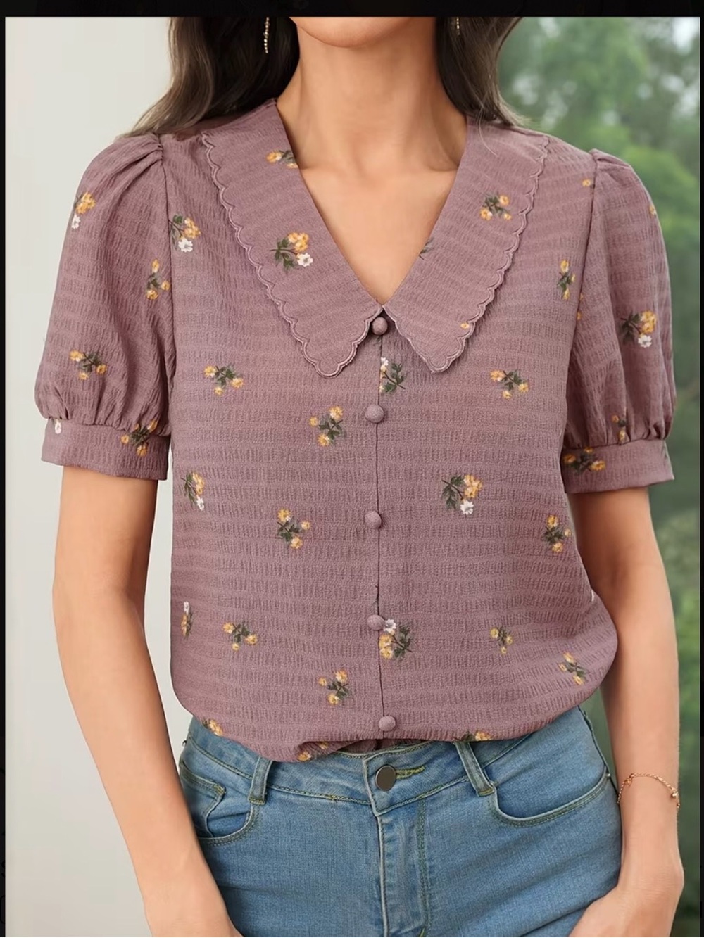Floral Button-Front Puff Sleeve Top - Mauve